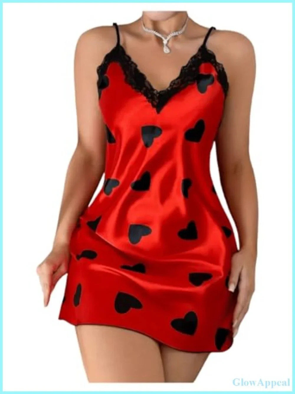 Sleeveless Lace Trim Heart Print Satin Nightgown Sleep Dress